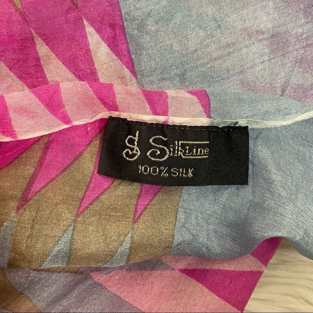 SilkLine 100% silk pink blue and tan geometric print long scarf wrap - Picture 4 of 7